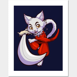 cartoon chibi anime furry neko cat with kimono and sword Posters and Art